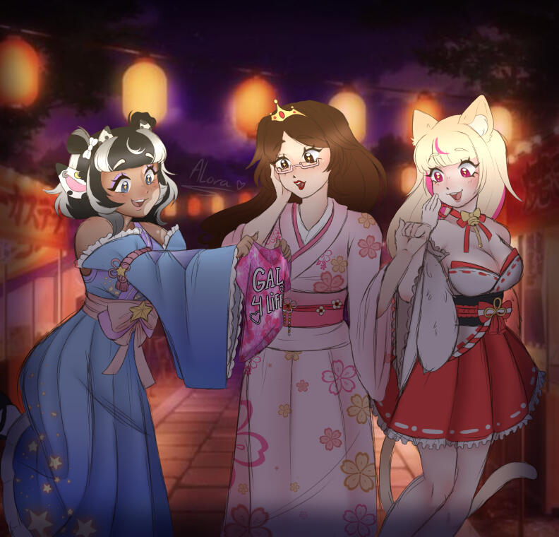 Alora, Princess Claire and Haruko at a summer festival by Alora